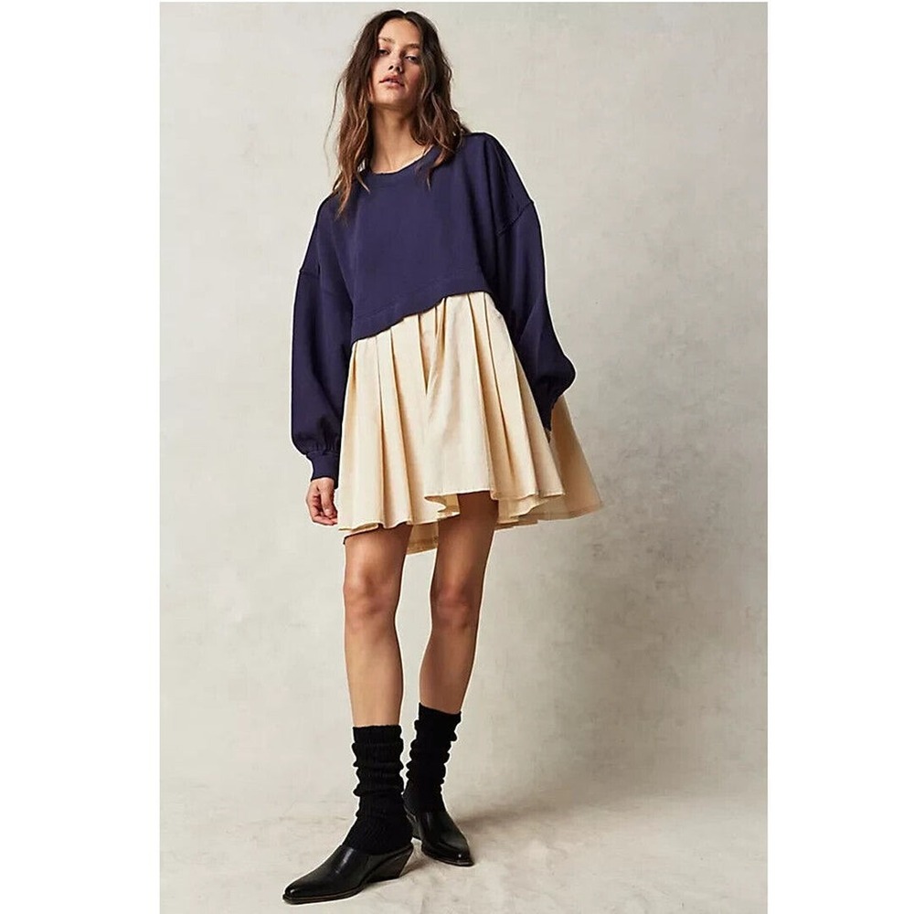 NWT Free People Eleanor Navy Blue Sweatshirt Tunic Cream Mini Dress Small Casual
